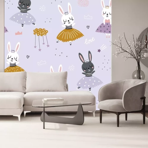 Sticker Schattige ballerina konijntjes op een paarse achtergrond