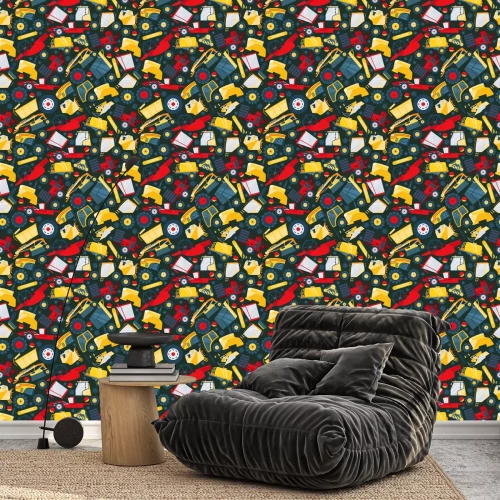 Behang Tractor, truck car, big worker machine seamless pattern, flat vector illustration. Mechanical engineering, machinery, transporter. Wrapping design paper, packaging, banner for harvest technics.