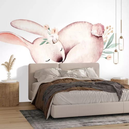 Sticker Slapend aquarel konijntje op witte achtergrond