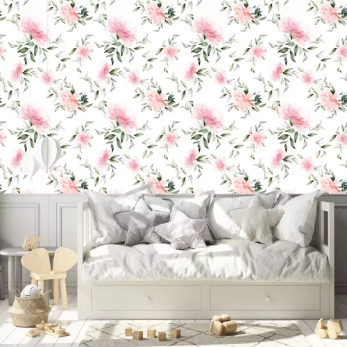 Behang Pastelkleurige pioenrozen en romantische grafische bladeren