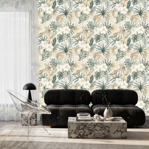 Behang Tropical floral foliage palm leaves, hibiscus flower seamless pattern beige background. Exotic jungle wallpaper.