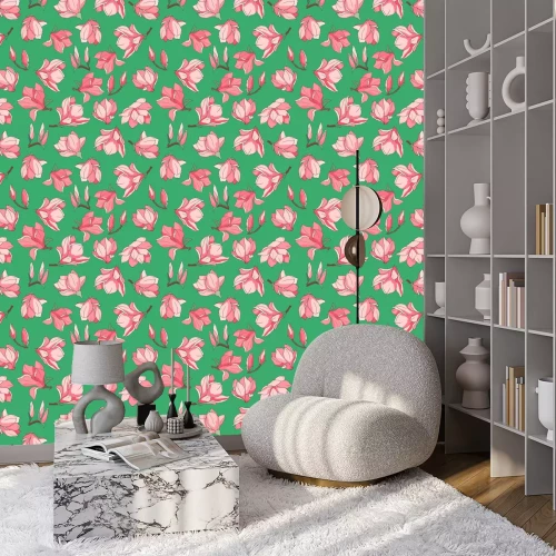 Behang seamless pattern in bright colors, with magnolia flowers, wallpaper ornament, wrapping paper