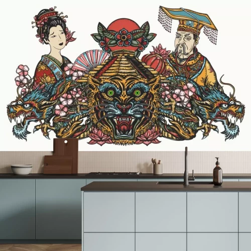 Sticker Ancient China art. Dragons, tiger head, emperor, queen in traditional costume, fan, lantern and lotus flower. Asian oriental art. Tattoo and t-shirt design