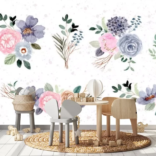 Sticker Blauw-roze subtiele bloemenillustraties