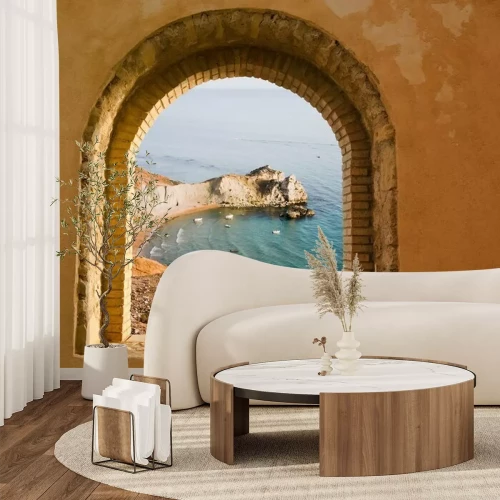 Fotobehang Gebogen venster op het kustlandschap van een baai