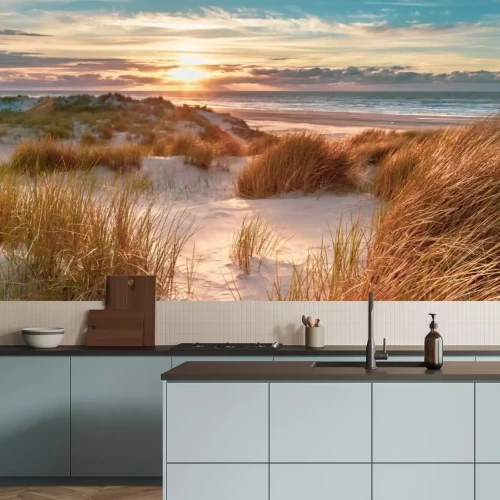 Fotobehang Zandduinen aan de zee bij zonsopgang