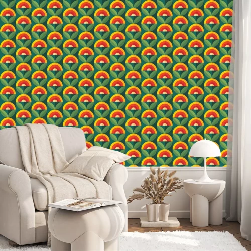 Behang Fruits and leaves nature background. Mid-century modern art vector. Abstract geometric seamless pattern. Decorative ornament in retro vintage design flat style. Floral backdrop.