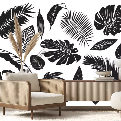 Sticker Zwart-witte bladeren van verschillende plantensoorten