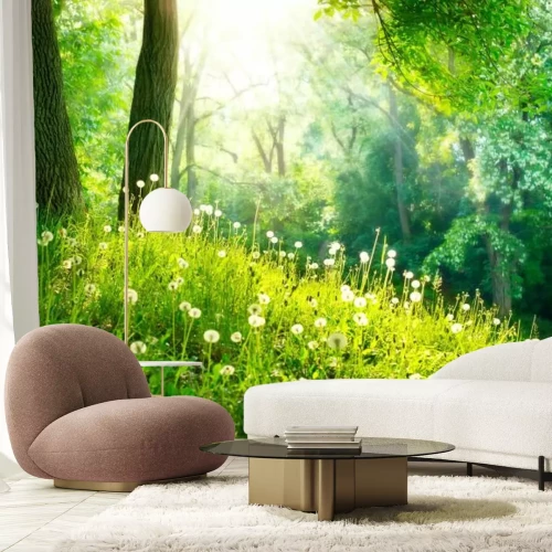 Fotobehang Paardenbloemen in het bosgroene natuurlandschap