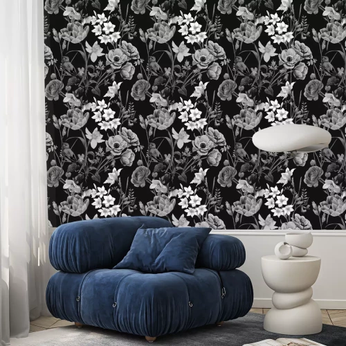 Behang Beautiful vector floral summer seamless pattern with watercolor flowers. Black and white monochrome stock illustration.