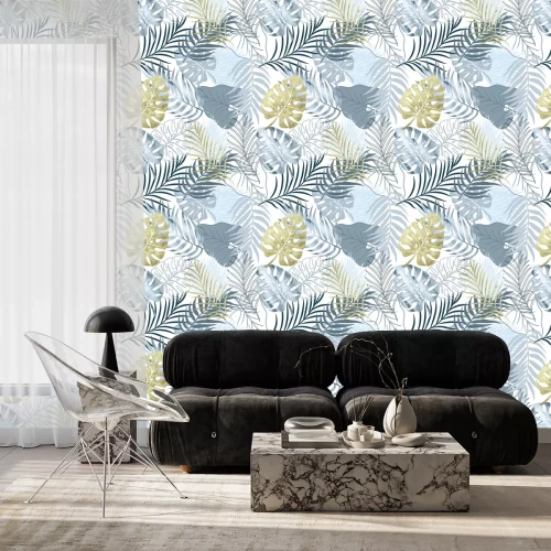 Behang Vector seamless pattern blue watercolor and gold texture palm exotics and monstera leaves. Vector modern illustration. Colored endless background.