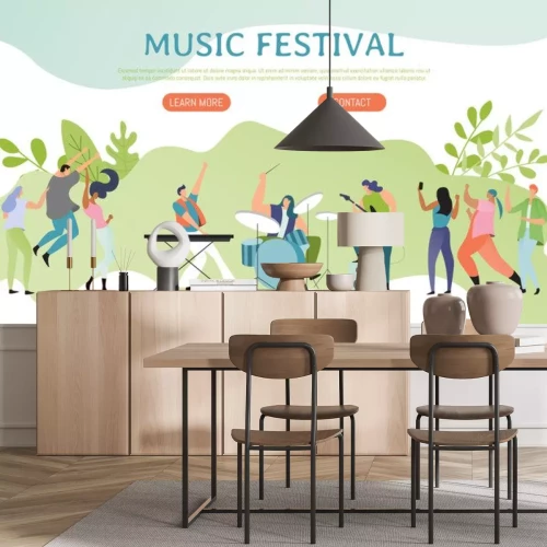 Sticker Music festival poster, people on concert, rock band website concept, vector illustration. Men and women cartoon characters in flat style playing musical instruments, drums, guitar and piano keyboard