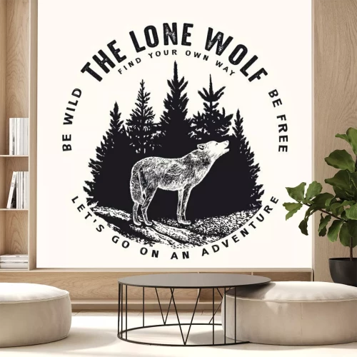 Sticker Vector round illustration of howling wolf on forest and typography background. T-shirt print, emblem, label or badge design