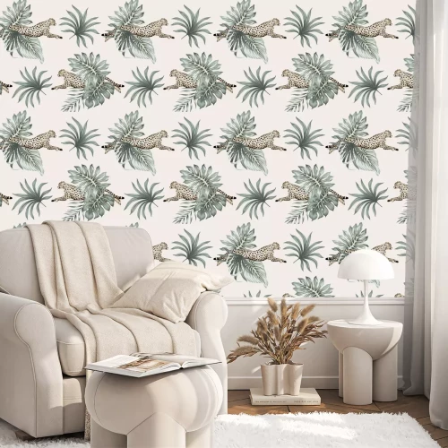Behang Vintage tropical palm leaves, cheetah running wildlife animal floral seamless pattern ivory background. Exotic jungle wallpaper.