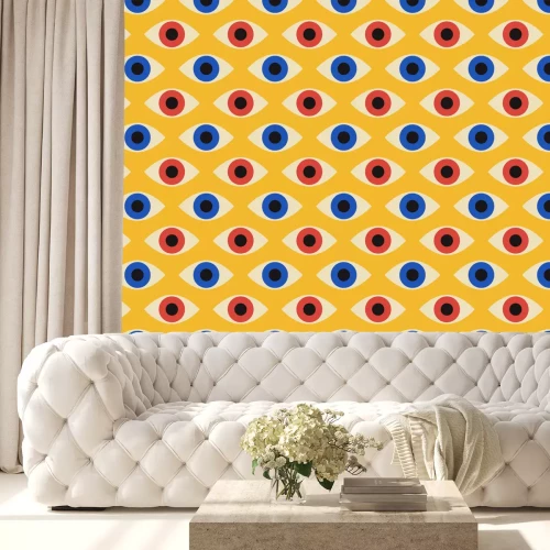 Behang Seamless pattern with minimal 20s geometric design with eyes, vector template with primitive shapes elements