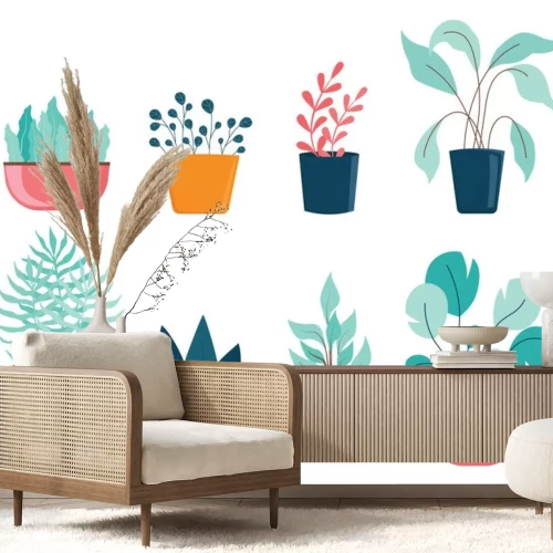 Sticker Set of different house plants with green leaves in pots.