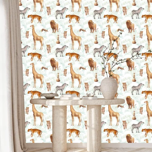 Behang Safaridieren en palmbladeren