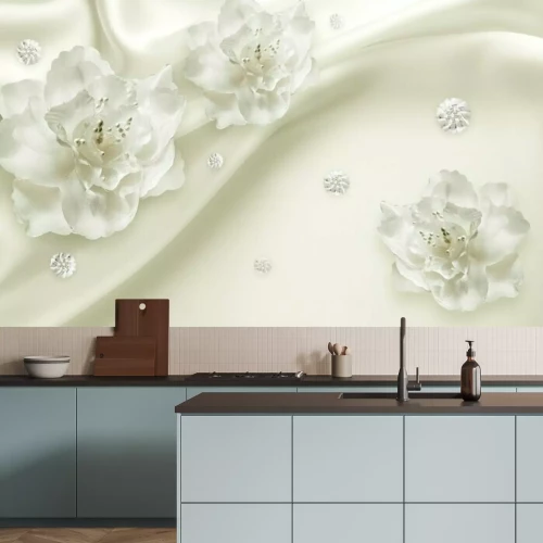 Sticker 3D-witte bloemen op een crème achtergrond