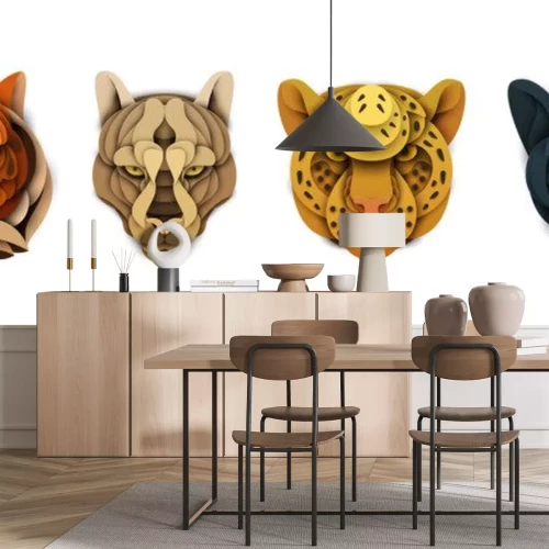 Sticker Set of cartoon wild animal head in trendy paper cut craft graphic style. Tiger, cougar, leopard, panther. Modern design for advertising cover, poster, banner. Vector illustration
