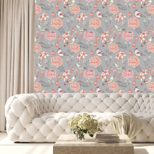 Behang Oosterse stijl met bloemen en vogels in roodtinten