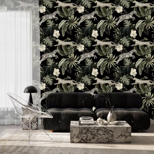 Behang Vintage tropical floral leaves , hibiscus flower, black panther, zebra, cheetah running wildlife animal floral seamless pattern black background. Exotic safari night wallpaper.