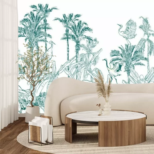 Fotobehang Seamless Border Animals in Tropical Forest with Banana Palms Blue on White background, Lithography Jungle Wallpaper Mural, Wildlife High End Back Drop Heron, Crane, Tiger, Leopard in Exotic Plants