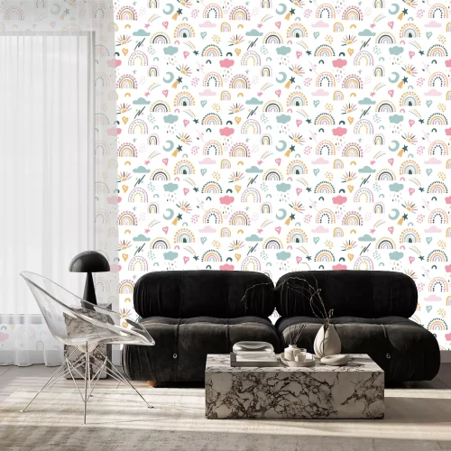 Behang Kleurrijke regenboogwolken en harten in Scandinavische stijl