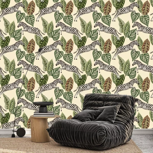 Behang Zebra's en planten in vintage stijl