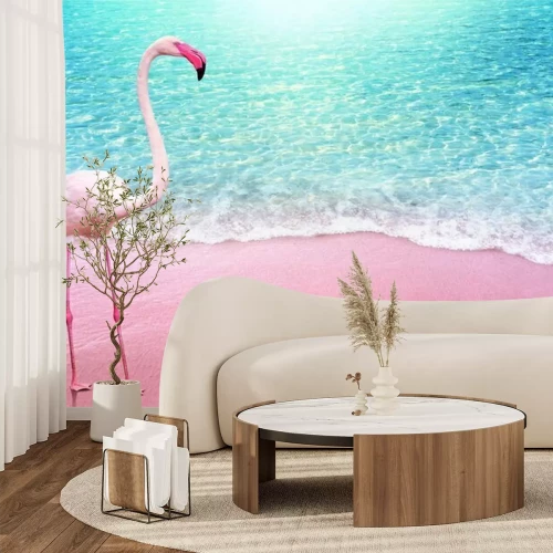 Fotobehang Flamingo op een roze strand