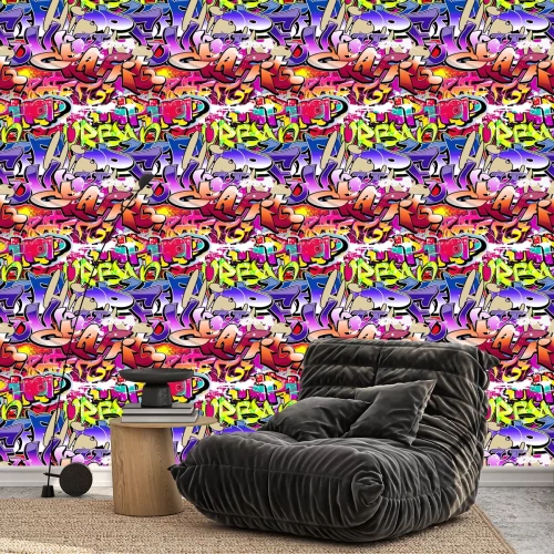 Behang Graffiti-inscripties in verschillende kleuren