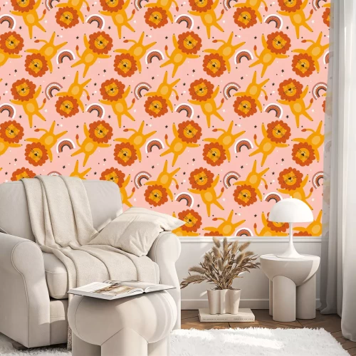 Behang Vrolijke leeuwen tussen regenbogen en sterren