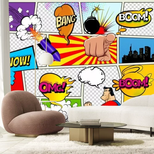 Fotobehang Grunge Retro Comic Speech Bubbles. Background with radial halftone effects and rays in pop-art style. Abstract Talking Clouds and Sounds