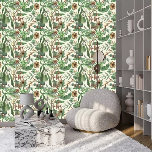 Behang Tropische bladeren met orchideeënbloemen