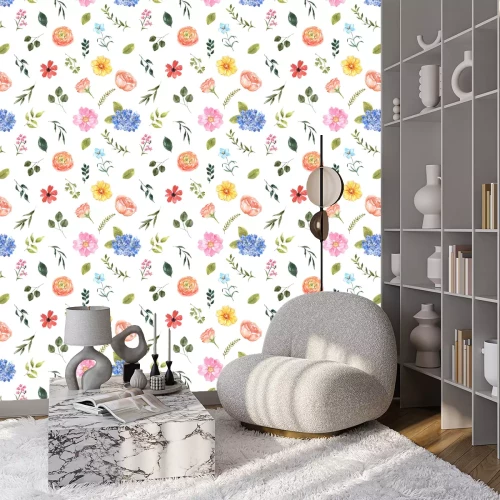 Behang Elementen van bloemen en bladeren op een witte achtergrond