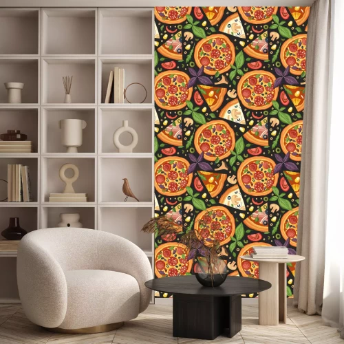 Behang Pizza heel en in stukjes met basilicum