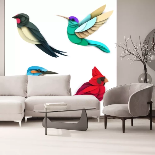 Sticker Set of cartoon colorful birds in trendy paper cut craft graphic style. Swallow, hummingbird, red cardinal, king fisher. Modern design for advertising cover, poster, banner. Vector illustration