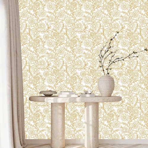 Behang Floral pattern. Chamomiles. Seamless pattern gold outline on a white background