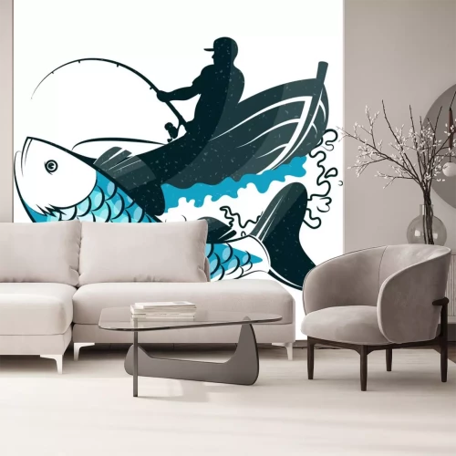 Sticker Fisherman with fishing rod in a boat and fish catch
