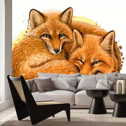 Sticker Little foxes. Wall sticker. Realistic, artistic, hand-drawn portrait of two cute smiling sleeping little foxes in watercolor style on a white background.