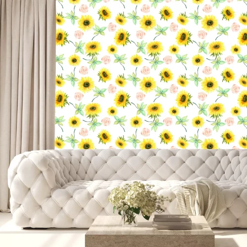 Behang Watercolor botanical sunflower wild garden  foliage leaves Floral background for textiles Liberty sweet style fabric, covers, manufacturing, wallpapers, print, gift wrap