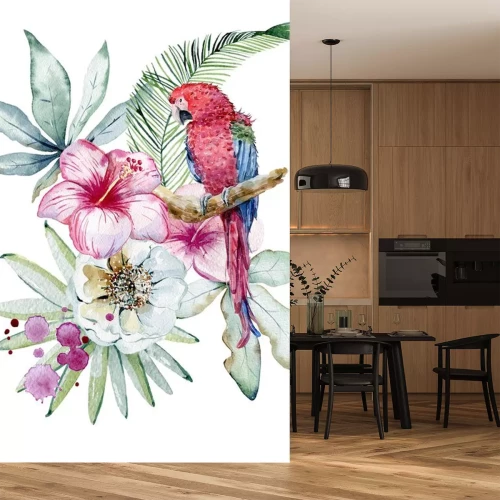 Sticker Afbeeldingen met tropische planten en een papegaai