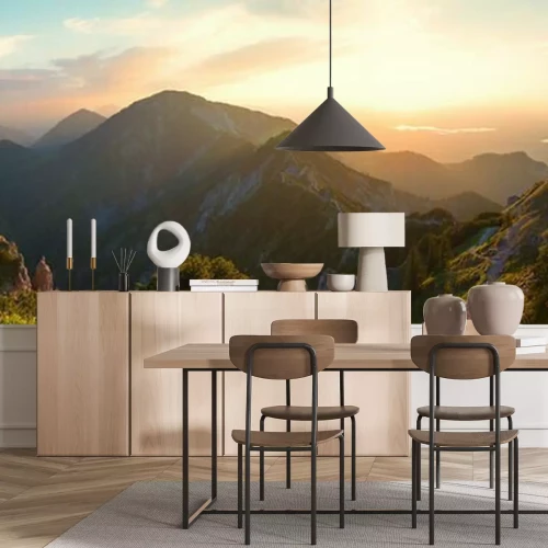 Fotobehang Een zonnige ochtend over een berglandschap