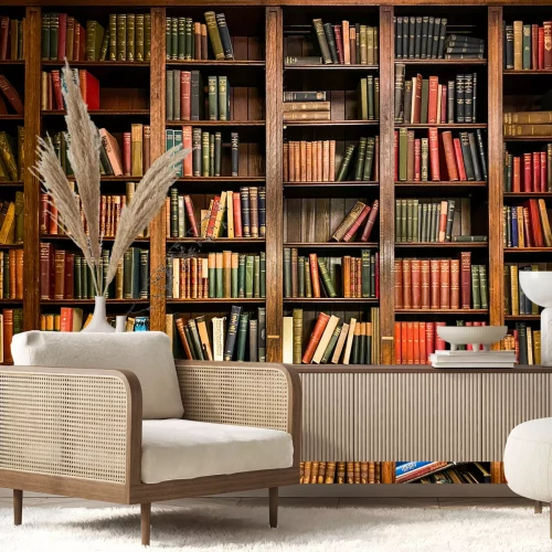 Fotobehang Een boekenkast met boeken op ouderwetse planken