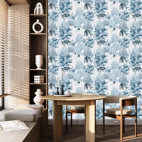 Behang Blauwe planten en dieren in oosterse stijl