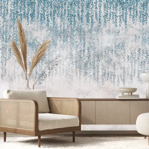 Fotobehang Bladeren op betontextuur