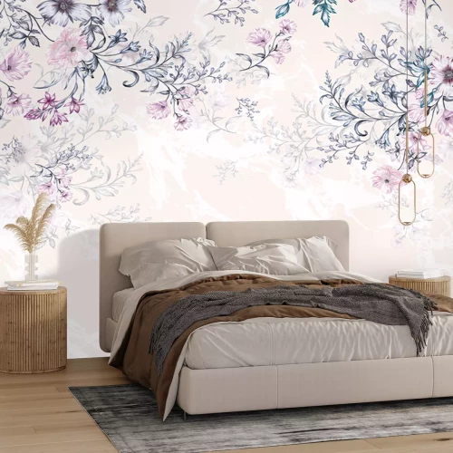 Fotobehang Bloemrijke klimplanten op marmeren achtergrond