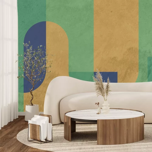 Fotobehang Geometrische blokken in groene en gele tinten met een betontextuur