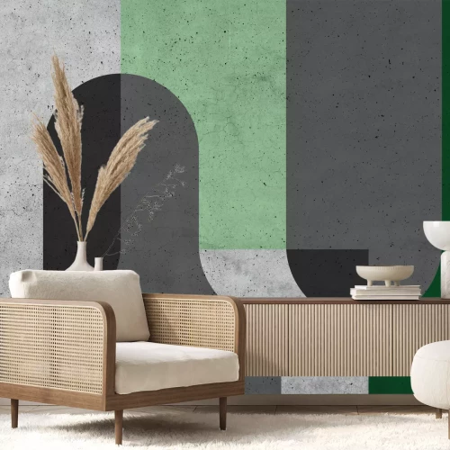 Fotobehang Geometrische blokken in groene en grijze tinten met een betontextuur