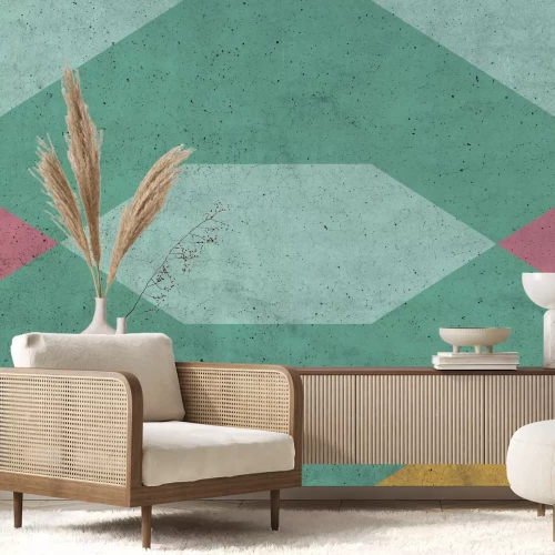 Fotobehang Overheersend groene geometrische figuren met betonstructuur