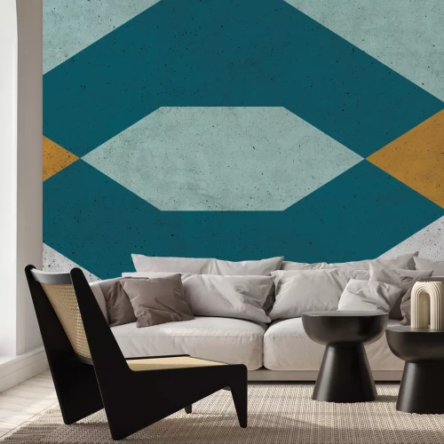 Fotobehang Overheersend turkooise geometrische figuren met betonstructuur